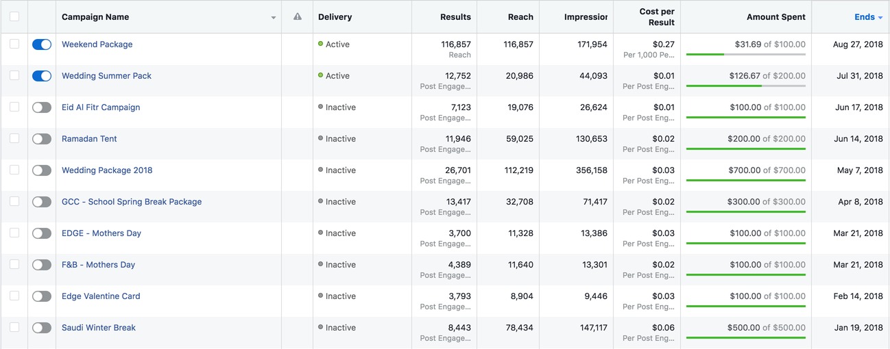 Meta Ads Manager campaign results